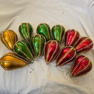 Vtg Pear Shaped Ornaments Set of 12 Burgundy Gold Green Gold Tone Trim *read*